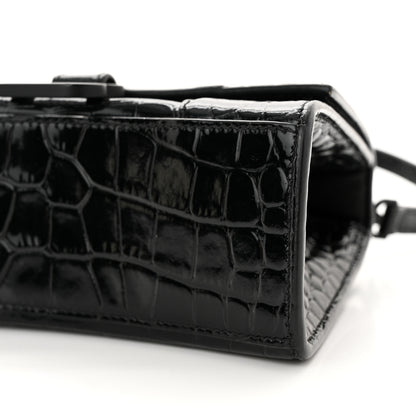 Balenciaga Shiny Calfskin Monochrome Crocodile Embossed Hourglass Top Handle Bag XS Black 11 of 15