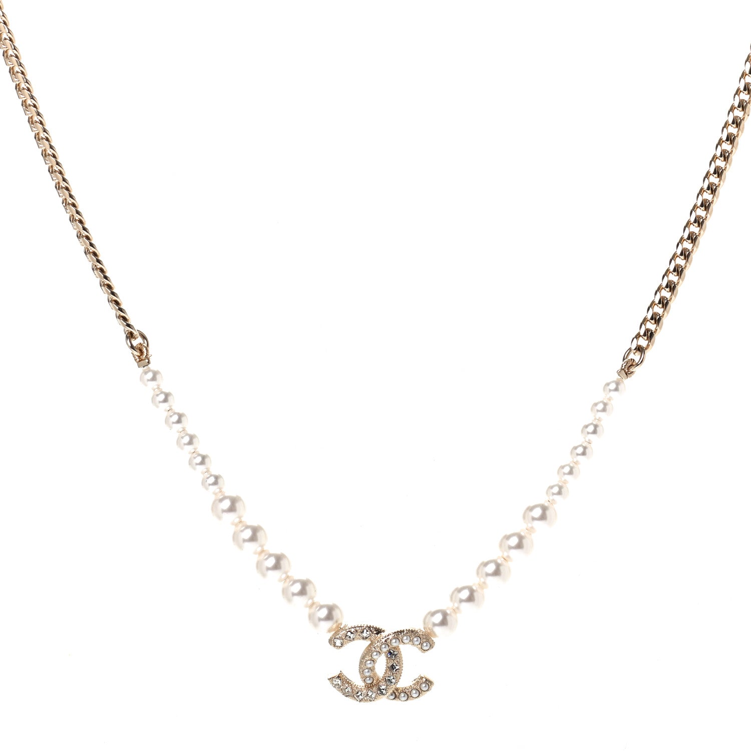 Chanel Pearl Crystal Chain CC Necklace Gold 1 of 4