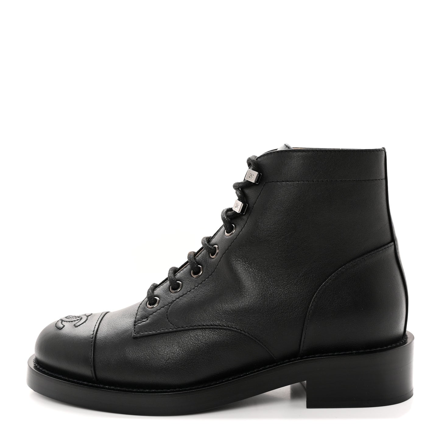 Calfskin Lace Up CC Combat Boots 37 Black