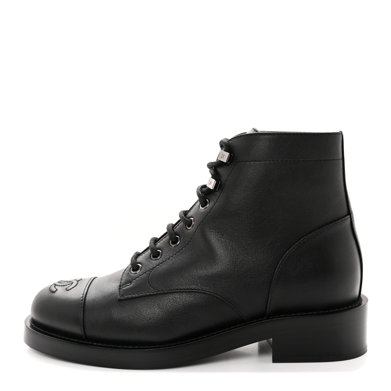 Chanel Calfskin Lace Up CC Combat Boots 37 Black 1 of 9