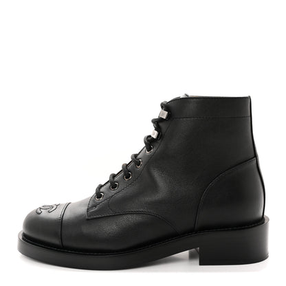Chanel Calfskin Lace Up CC Combat Boots 37 Black 1 of 9