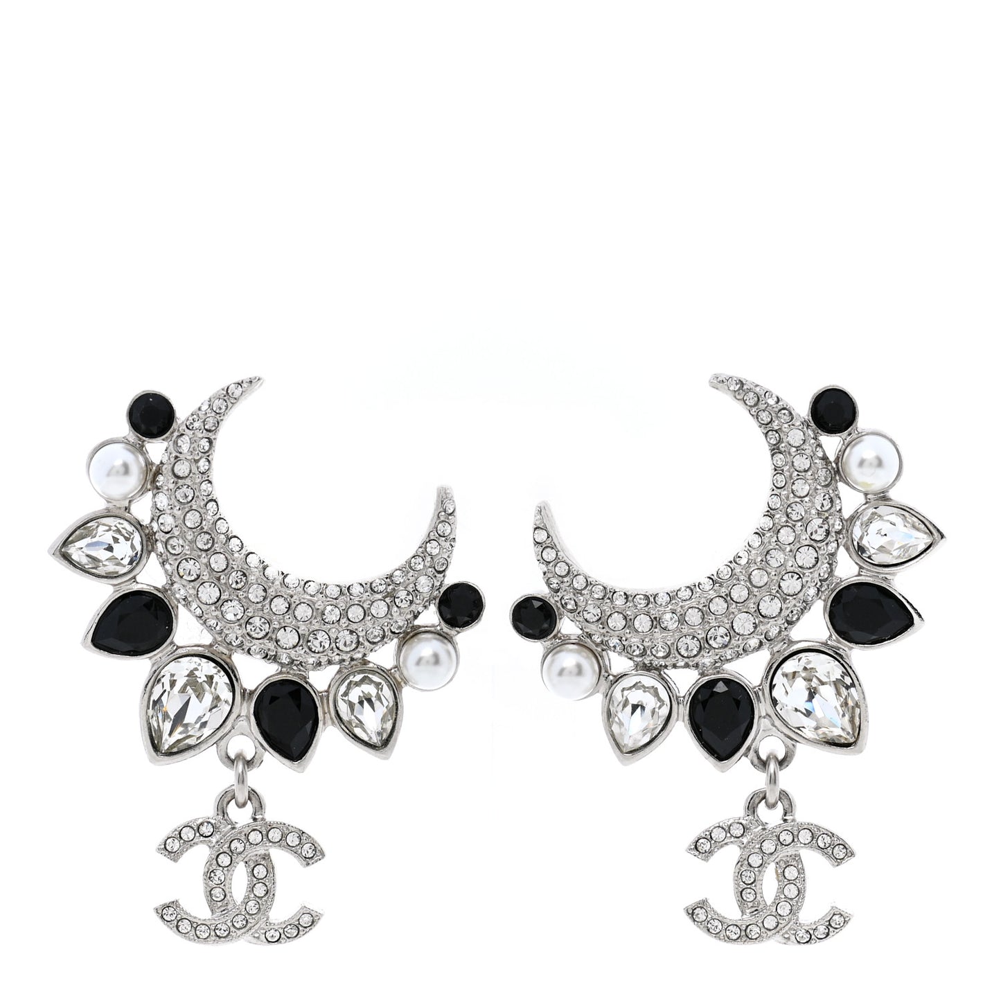 Pearl Crystal CC Crescent Moon Earrings Silver