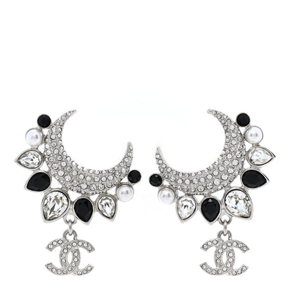Chanel Pearl Crystal CC Crescent Moon Earrings Silver 1 of 5