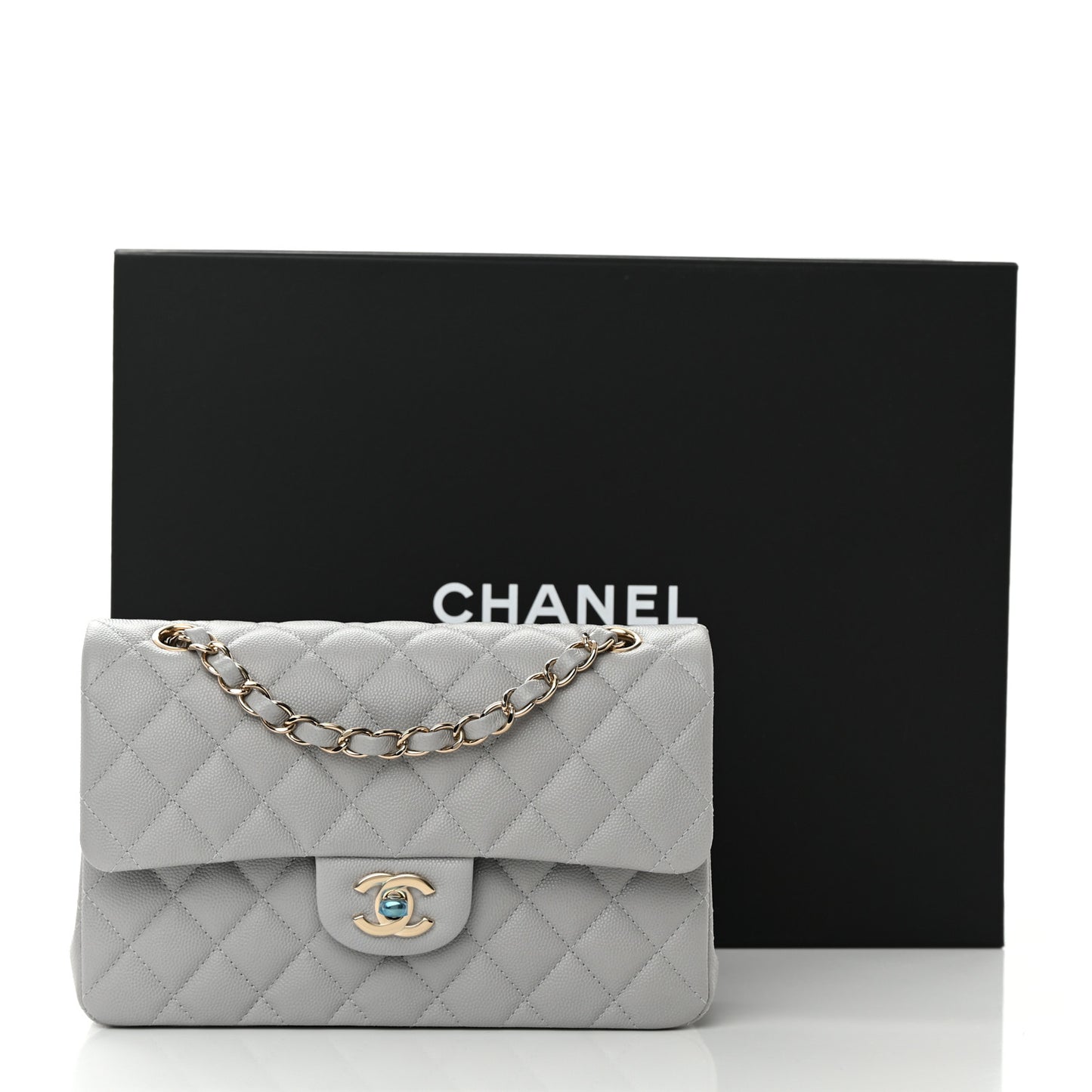 Caviar Quilted Small Double Flap Grey