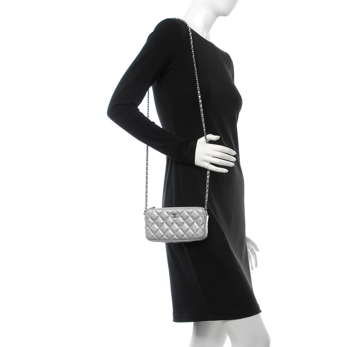 Metallic Caviar Quilted Small Clutch With Chain Silver