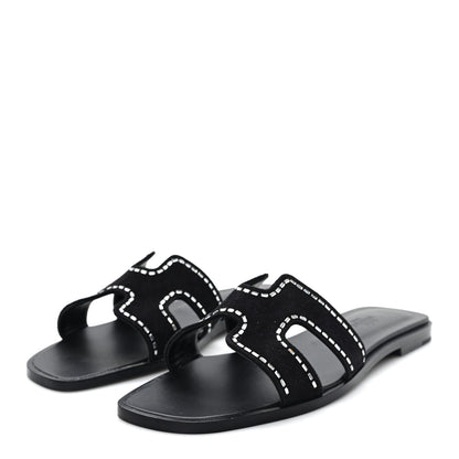 Hermes Suede Goatskin Crystal Embellished Oran Sandals 38 Black 4 of 9