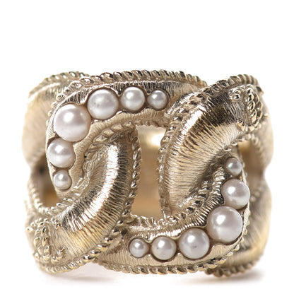 Chanel Pearl Crystal CC Ring 50 5.25 Gold Pearly White 1 of 5