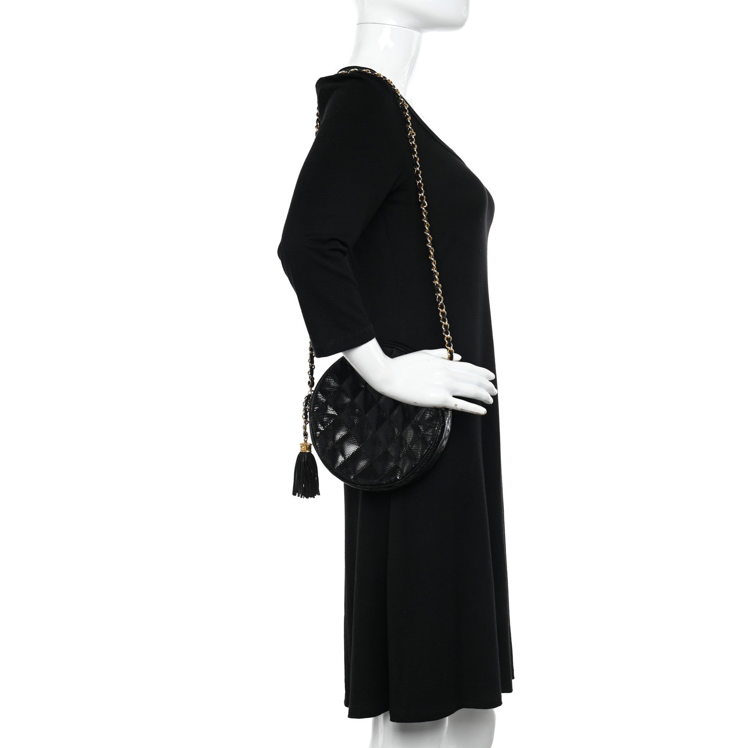 Chanel Lizard Quilted Round Tassel Crossbody Bag Black 2 of 12