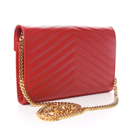 Saint Laurent Grain De Poudre Matelasse Chevron Monogram Chain Wallet New Red 3 of 11