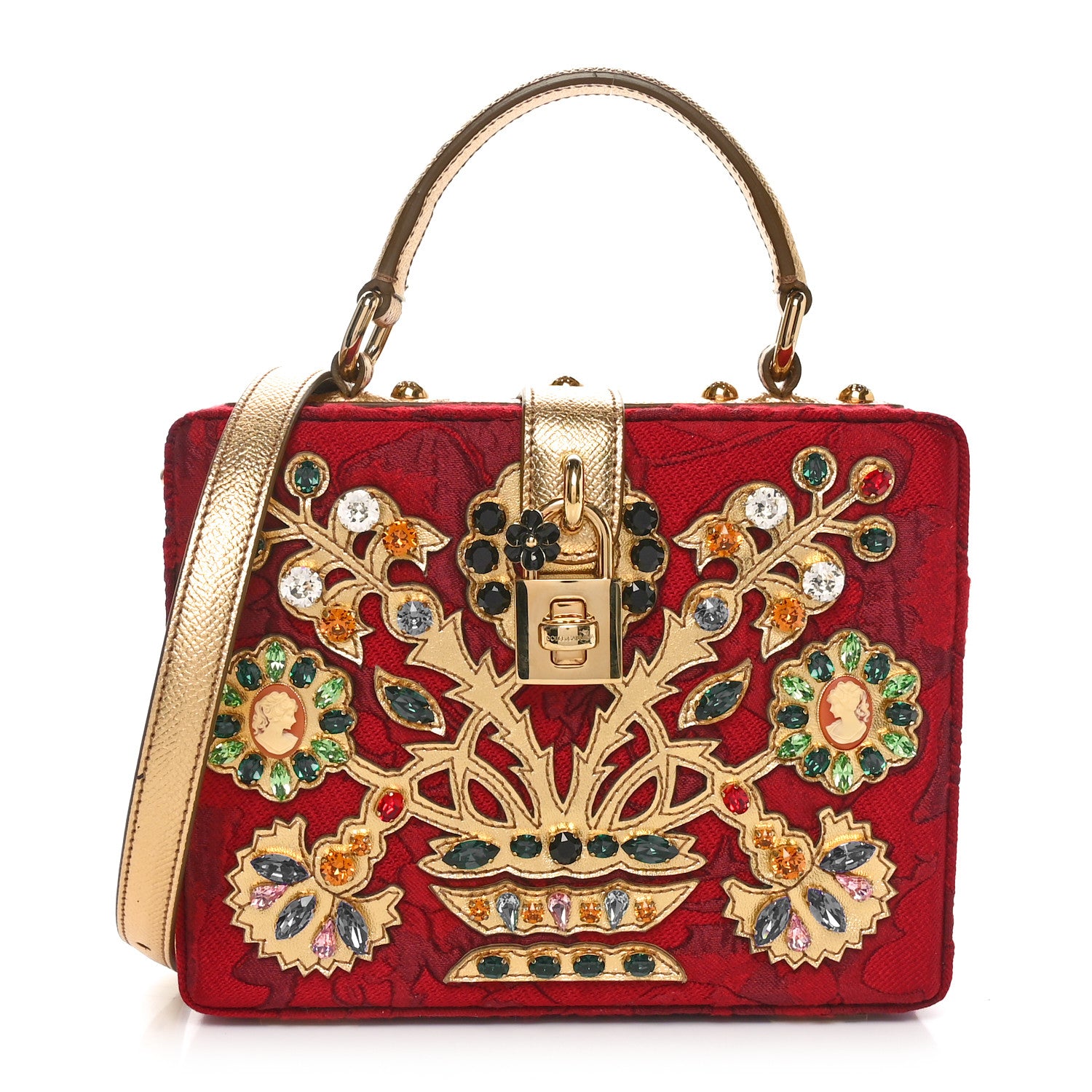 Dolce & Gabbana Brocade Dauphine Crystal Embellished Box Bag Red Gold 1 of 9
