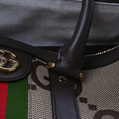 Gucci Monogram Jumbo GG Textured Dollar Calfskin Web Medium Duffle Bag Camel Ebony 12 of 13