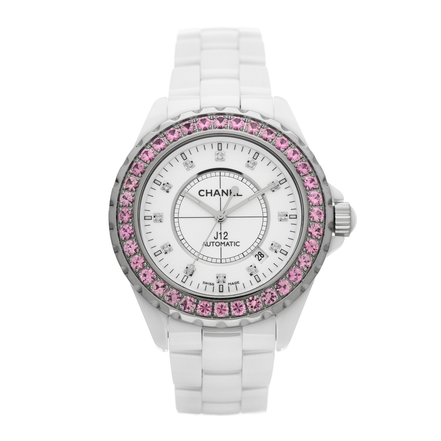 Stainless Steel Ceramic Diamond Pink Sapphire 42mm J12 Automatic Watch White