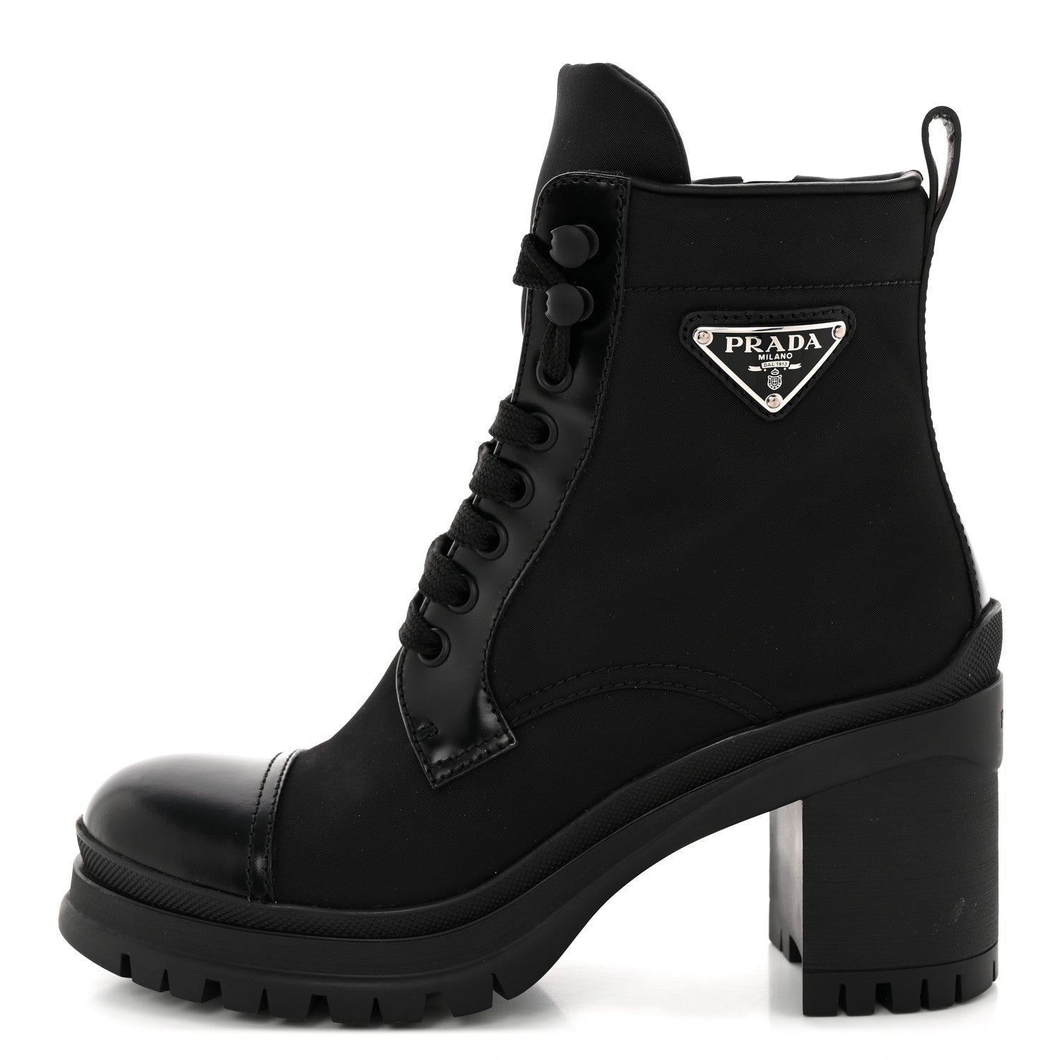Prada Spazzolato Re-Nylon Metal Triangle Logo Lace Up 85mm Boots 35.5 Black 1 of 15