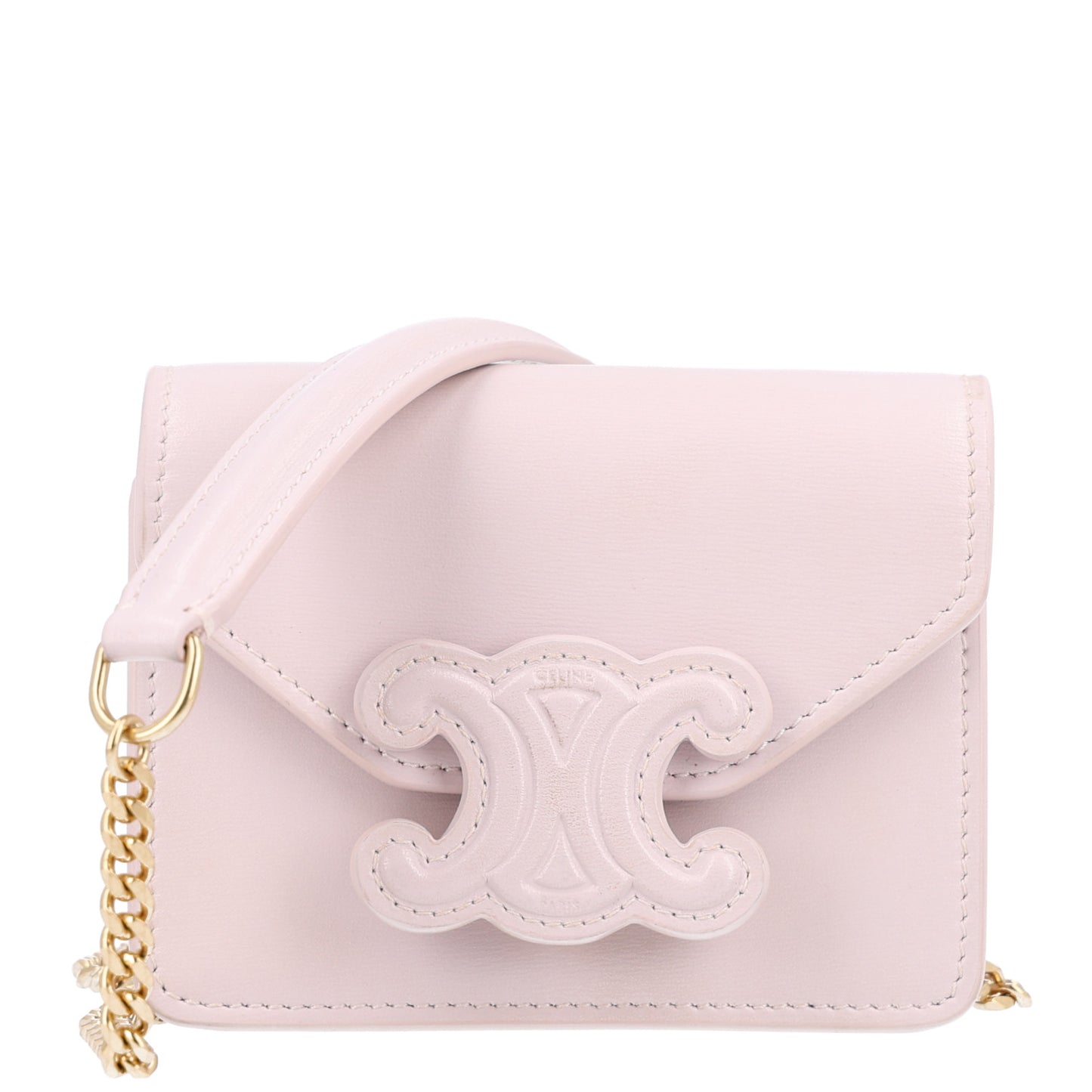 Shiny Calfskin Triomphe Card Holder on Chain Poudre