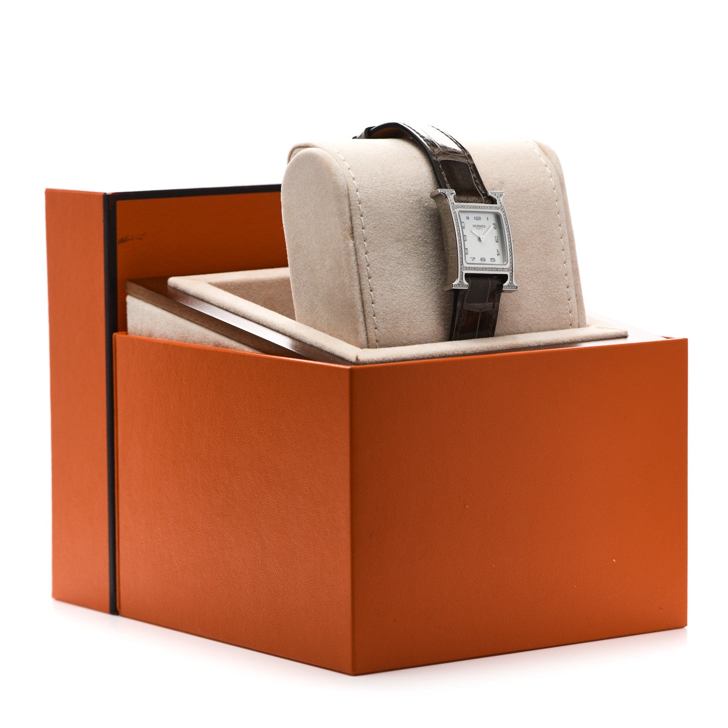 Hermes Stainless Steel Alligator Diamond Bezel Mother of Pearl 21mm Heure H Hour Quartz Watch Gris Elephant 5 of 5