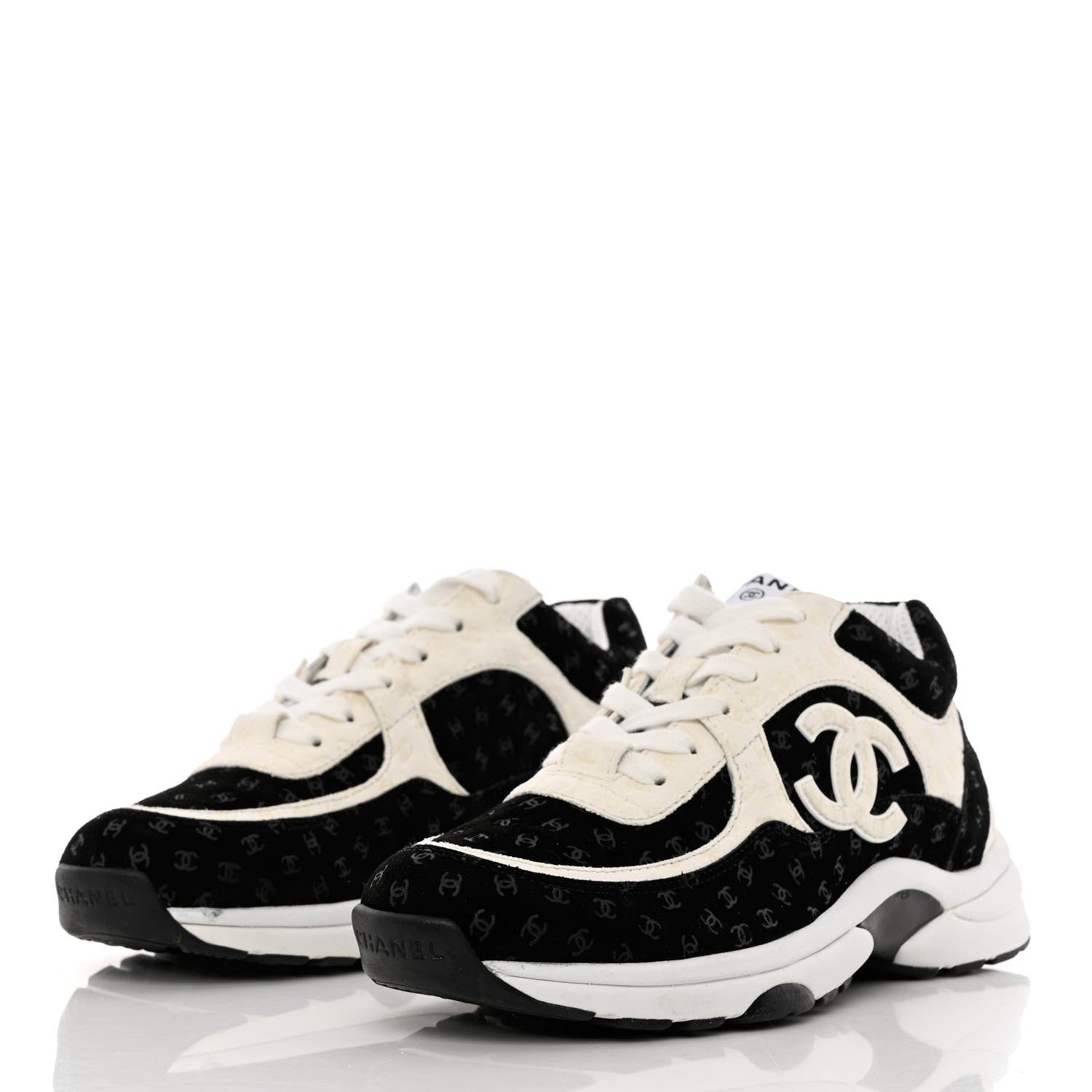 Chanel Nylon Suede Calfskin Printed CC Sneakers 37.5 White Black 3 of 9
