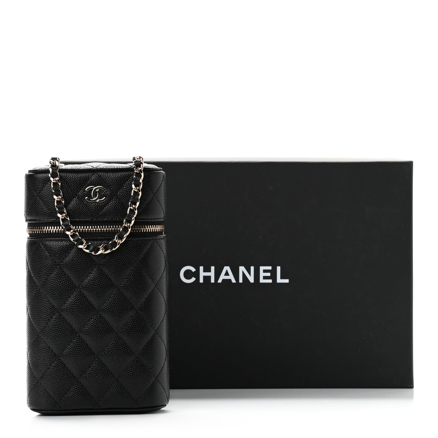 Caviar Quilted Phone Holder With Chain Black