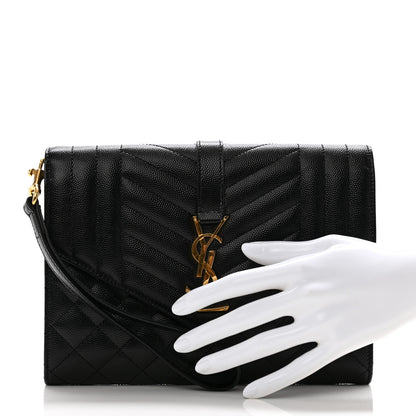 Saint Laurent Grain De Poudre Textured Mixed Matelasse Triquilt Monogram Clutch Black 2 of 12