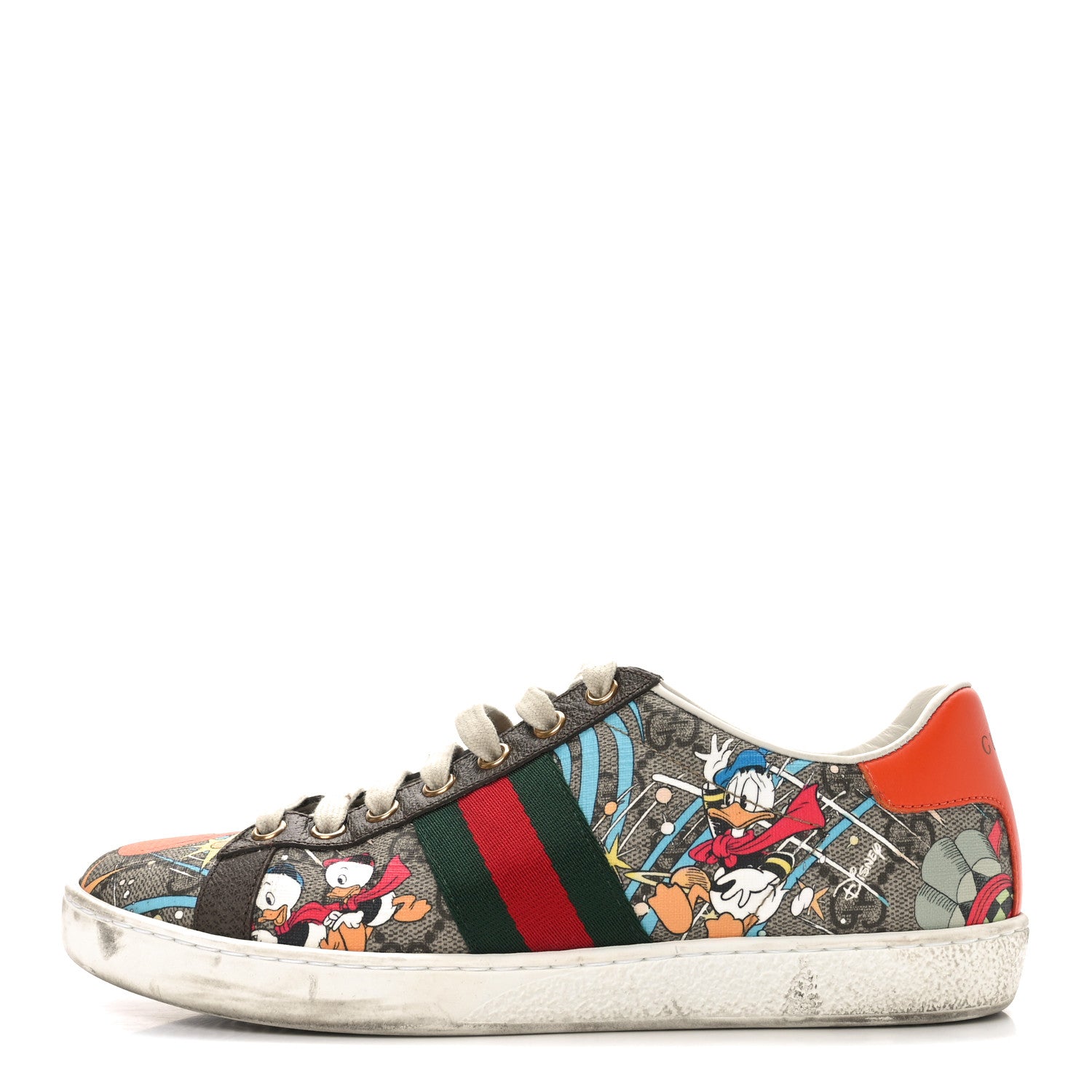 Gucci X DISNEY GG Supreme Monogram Web Donald Duck Womens Ace Sneakers 36.5 Beige New Acero Orange 1 of 11