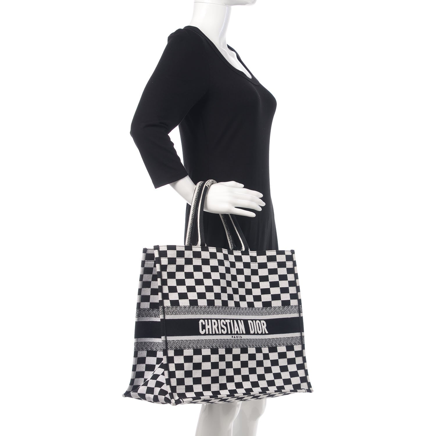 Christian Dior Canvas Embroidered Checkered Book Tote Black White 2 of 9