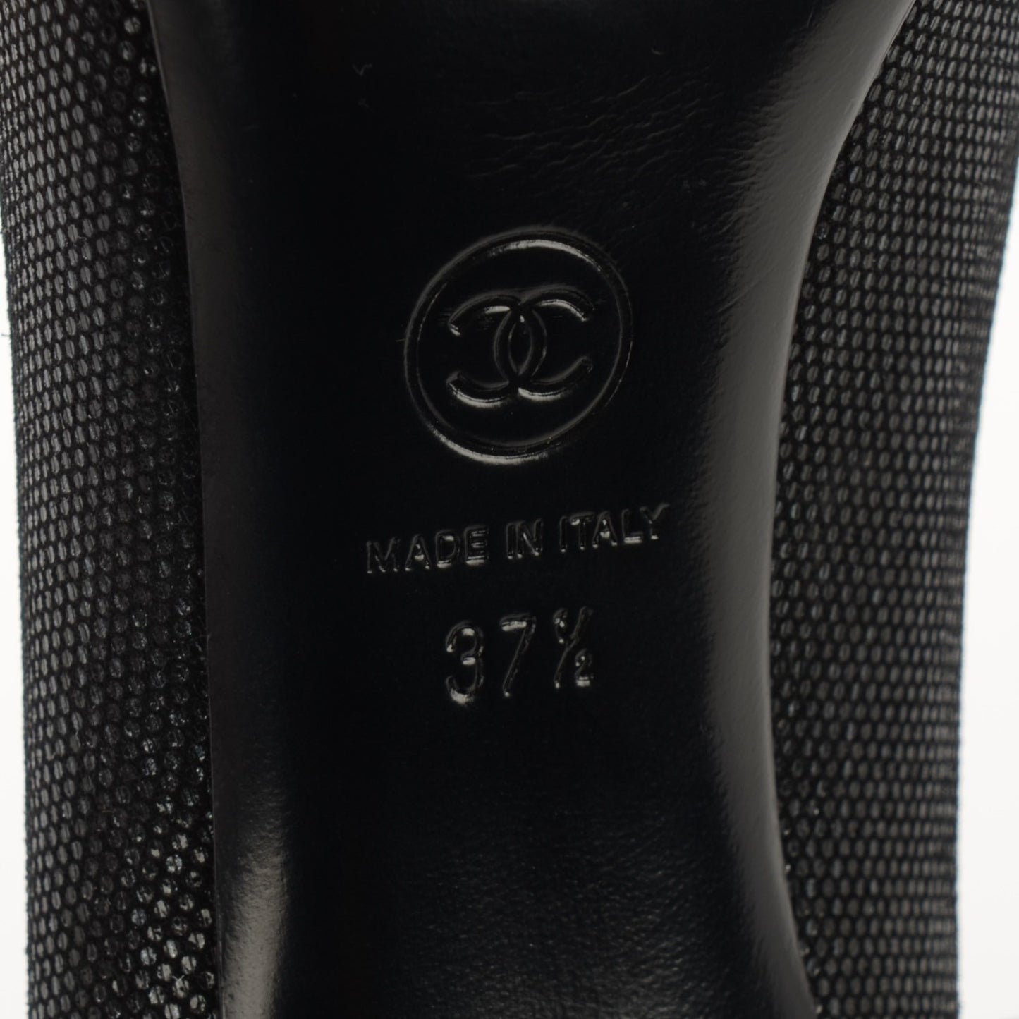Iridescent Fabric Patent CC Patent Cap Toe Pumps 37.5 Black