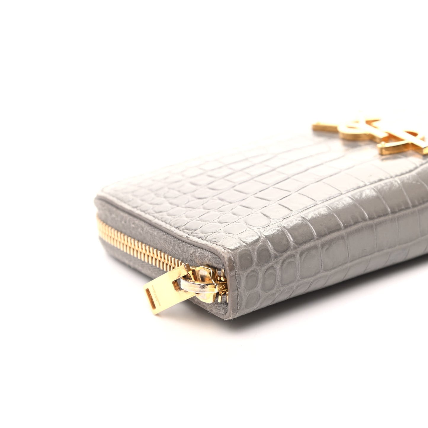 Calfskin Crocodile Embossed Monogram Zip Around Wallet Gray