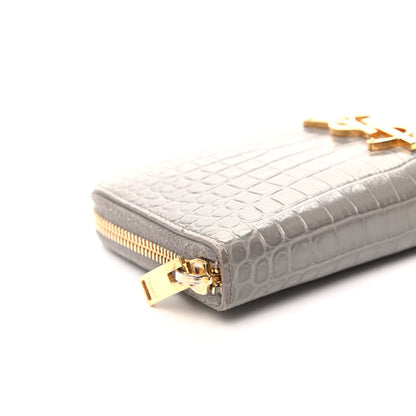 Saint Laurent Calfskin Crocodile Embossed Monogram Zip Around Wallet Gray 7 of 8