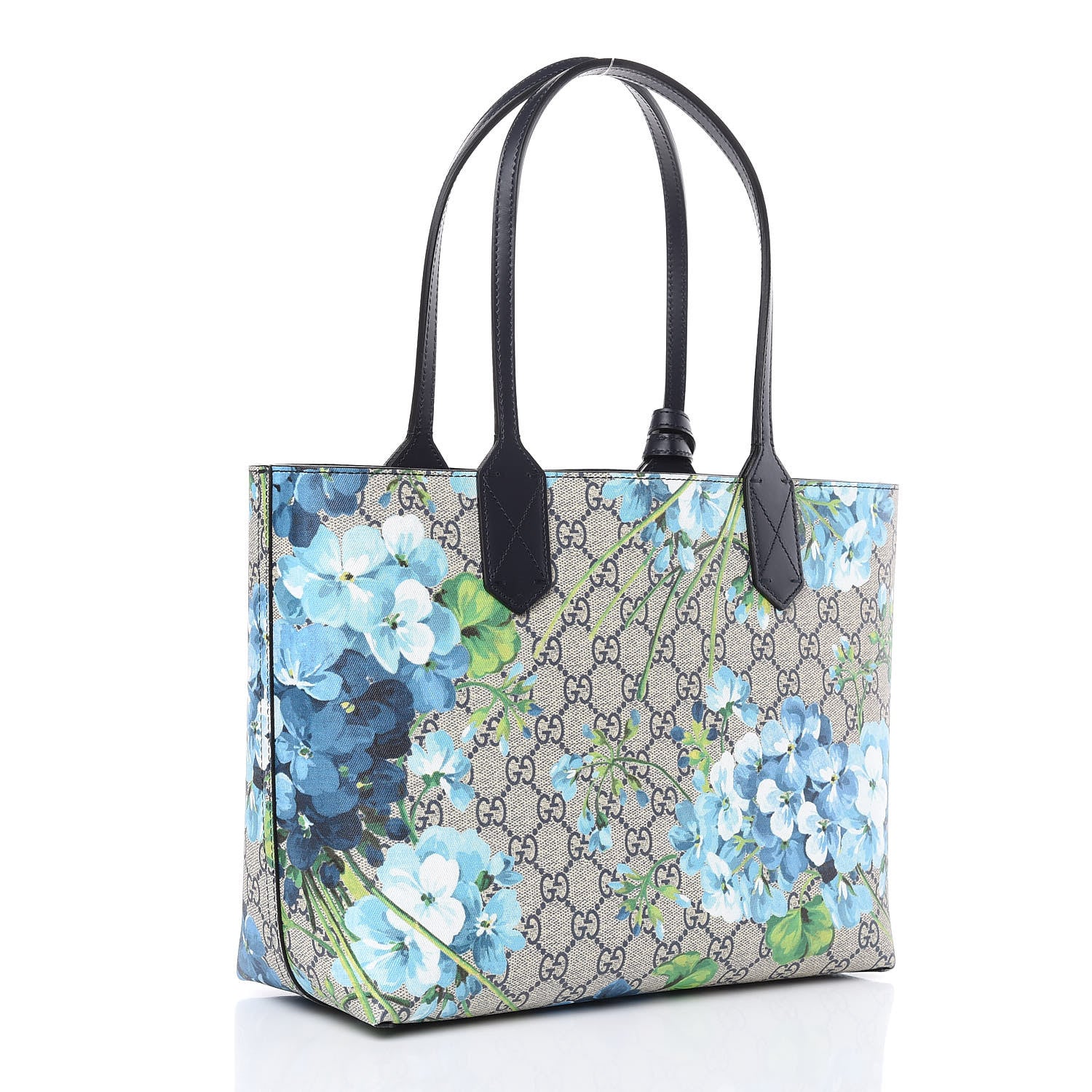Gucci GG Supreme Monogram Blooms Small Reversible Tote Beige Blue Navy 4 of 14
