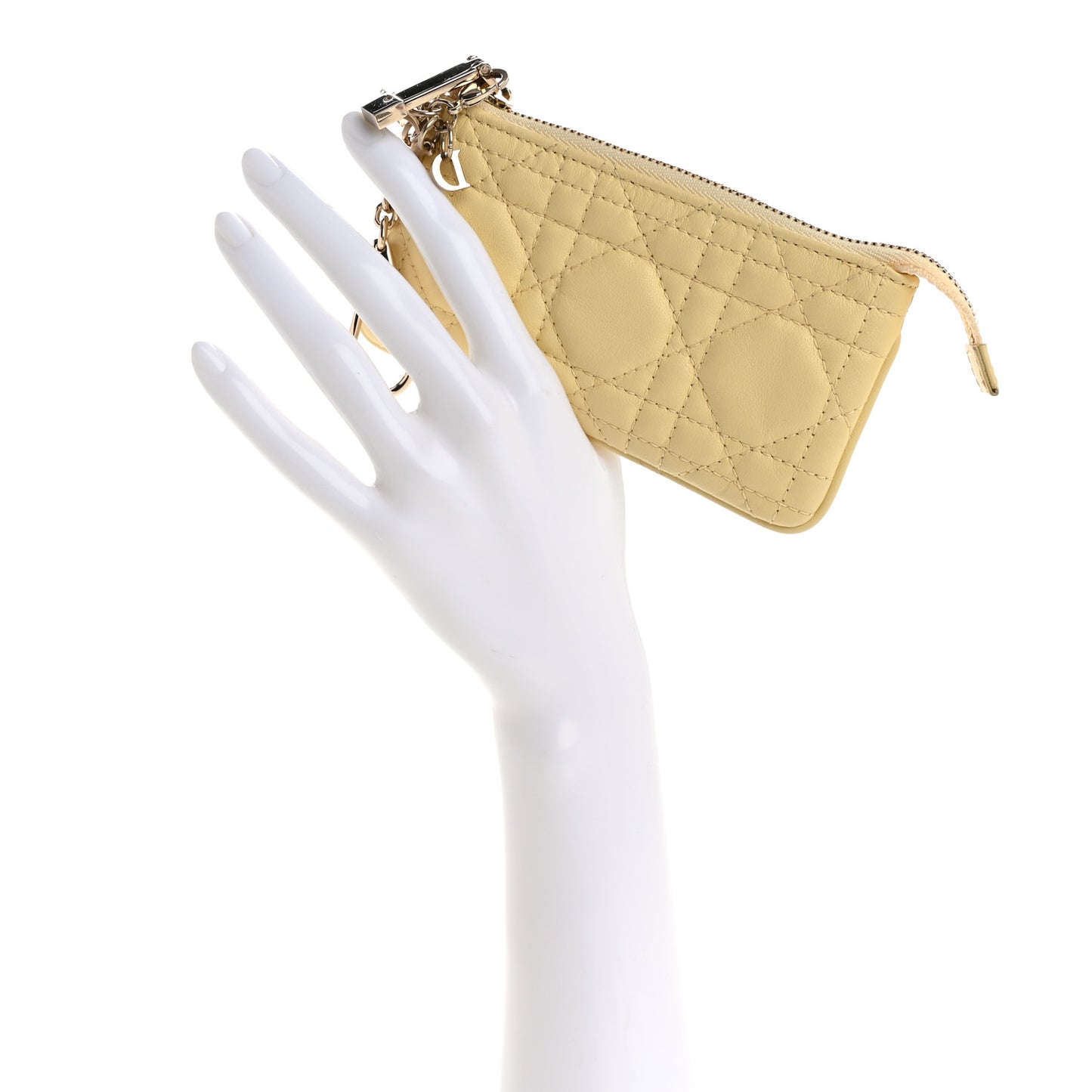 Lambskin Cannage Lady Dior Zipped Key Case Soft Yellow