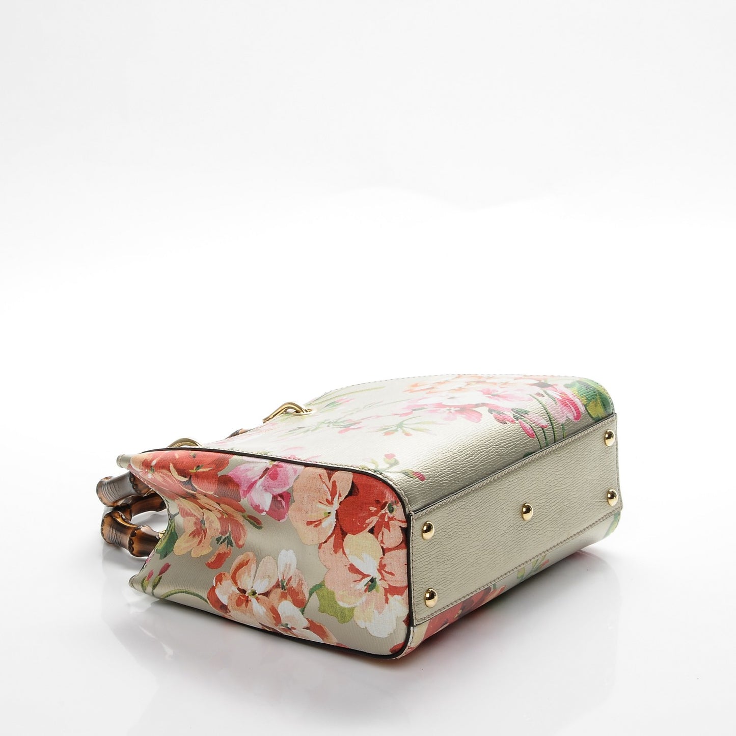 Metallic Shangai Calfskin Blooms Print Mini Bamboo Shopper Tote Gold Multicolor