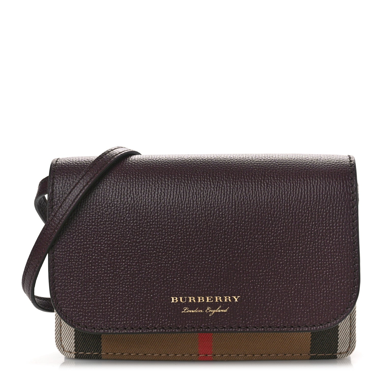 Burberry Grained Calfskin House Check Tartan Mix Hampshire Wallet On Chain Burgundy 1 of 9