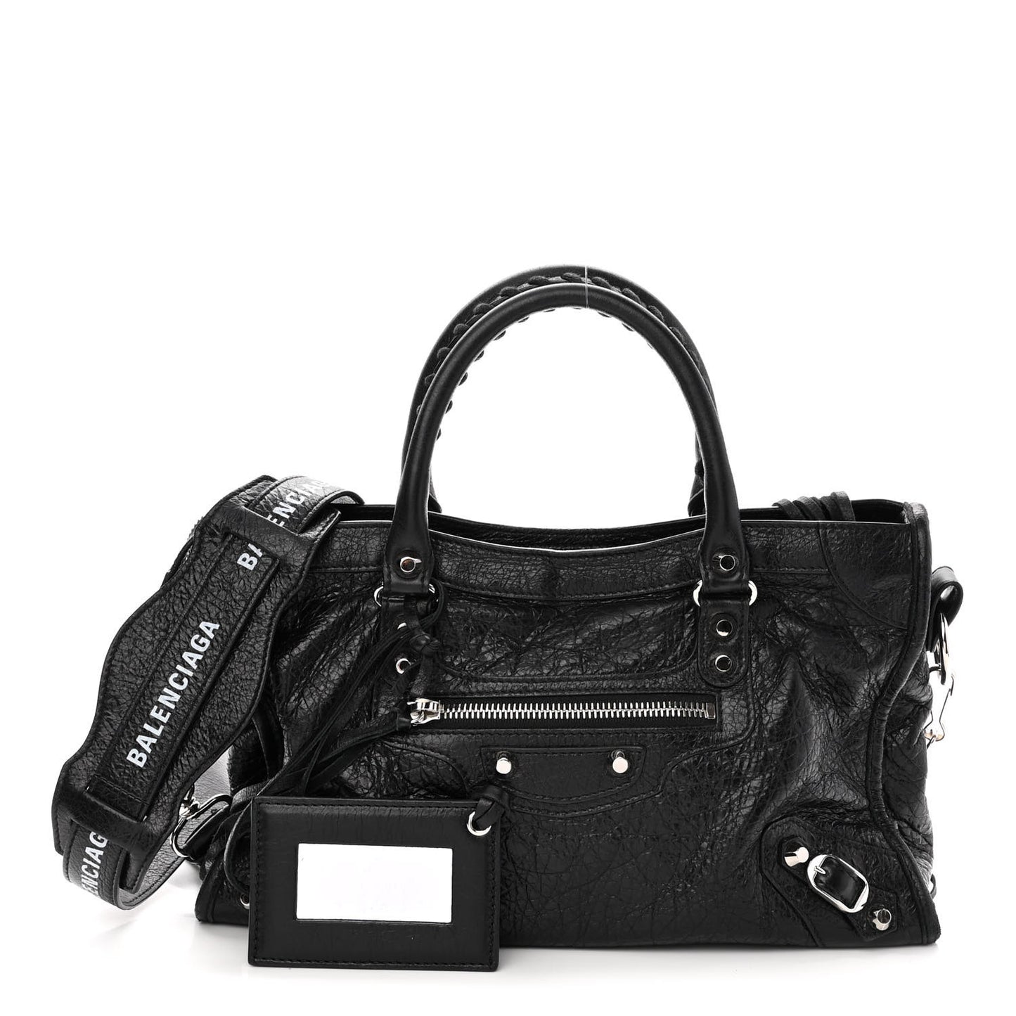 Agneau Classic Silver Hardware S City Logo Strap Black White