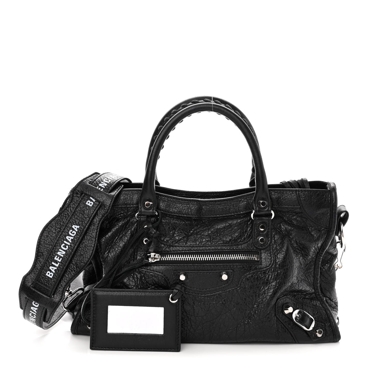 Balenciaga Agneau Classic Silver Hardware S City Logo Strap Black White 1 of 10