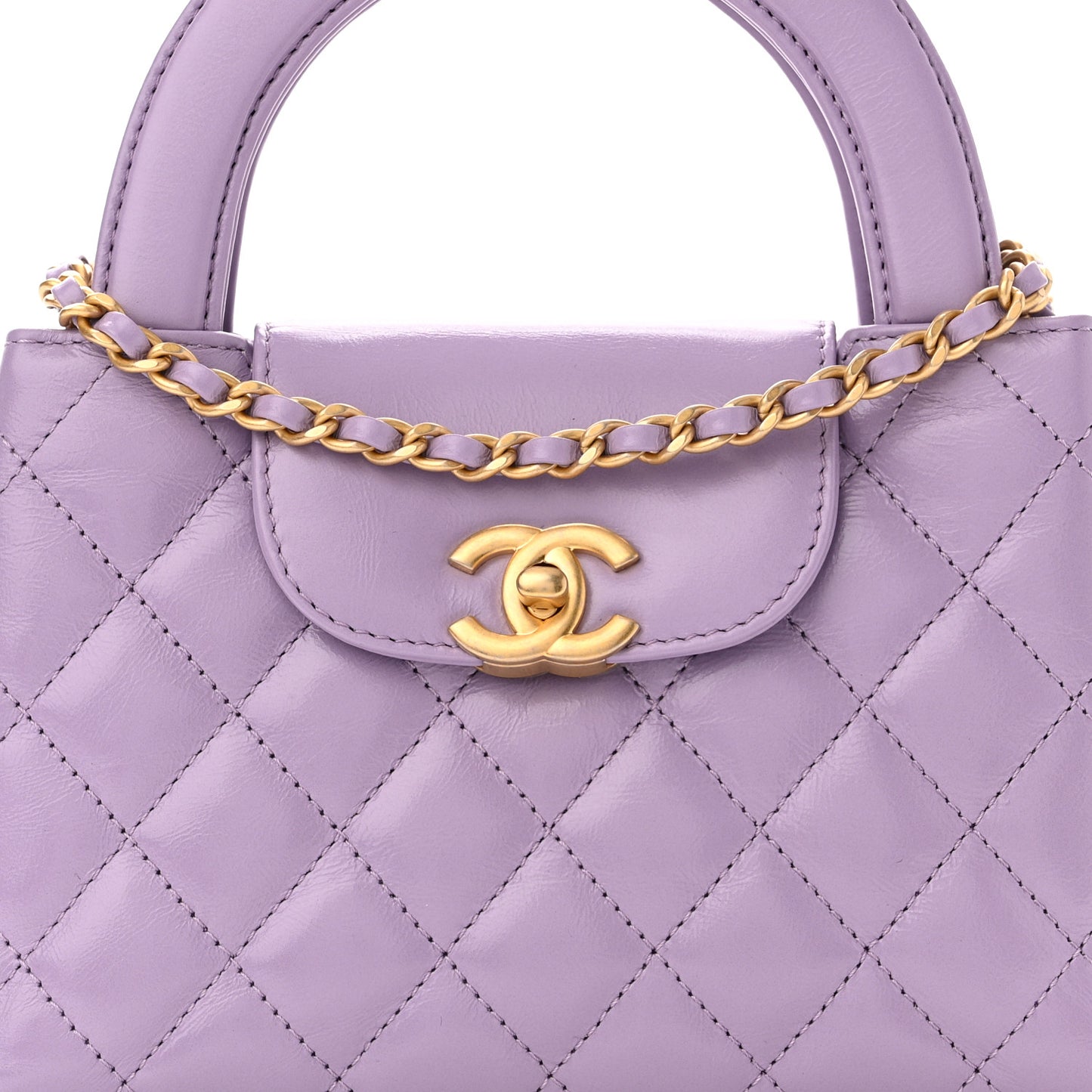 Shiny Aged Calfskin Quilted Nano Kelly Shopper Lilac