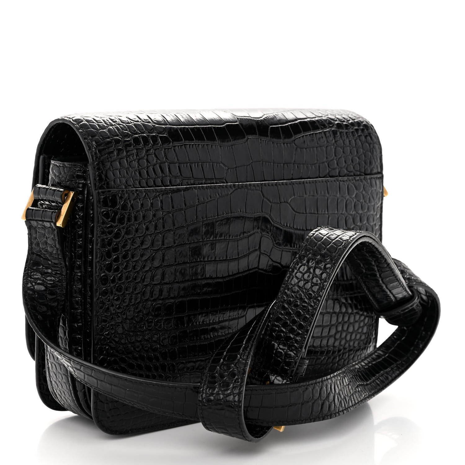 Saint Laurent Calfskin Crocodile Embossed New Besace Crossbody Bag Black 3 of 12