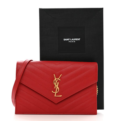 Saint Laurent Grain De Poudre Matelasse Chevron Monogram Envelope Chain Wallet New Red 11 of 11