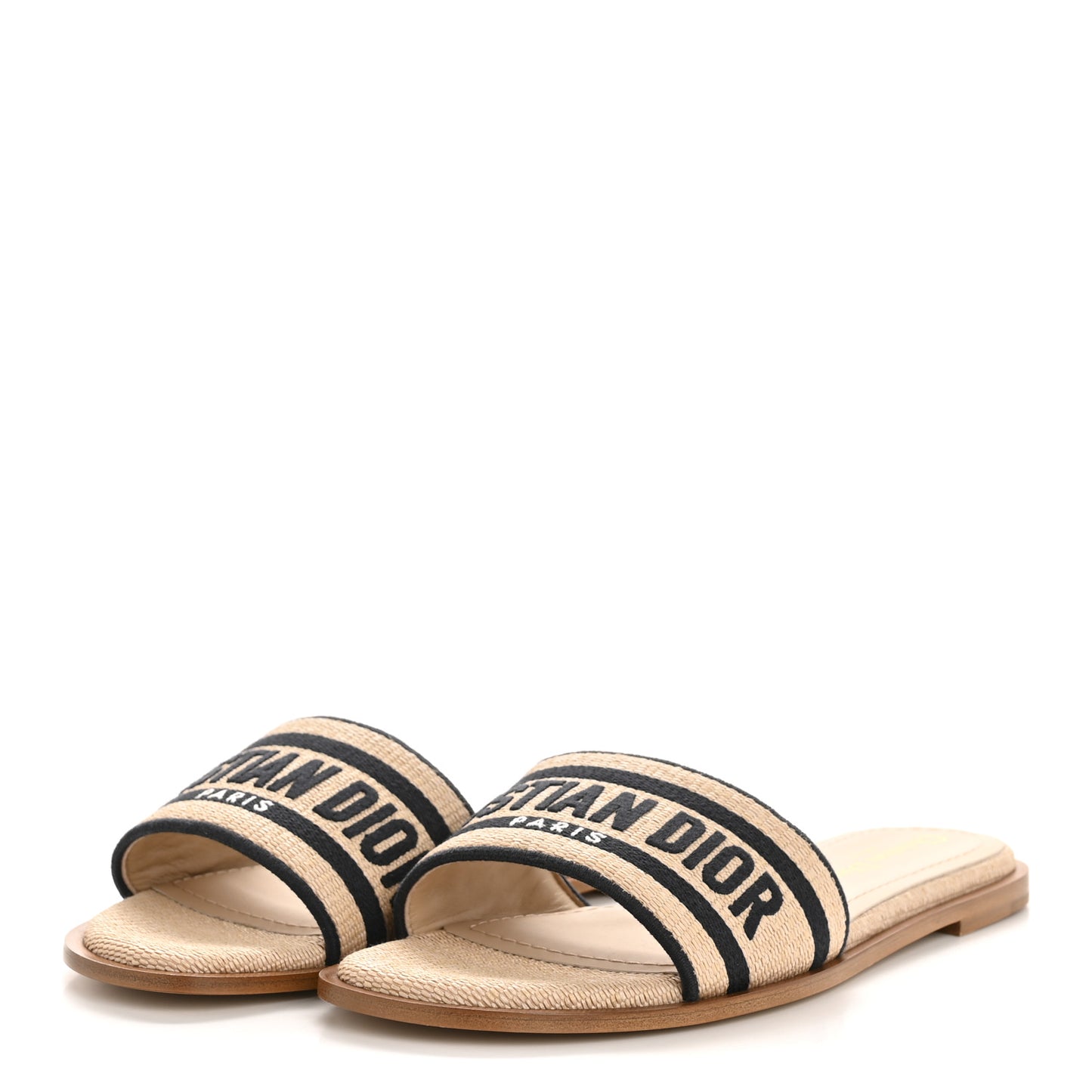 Straw Embroidered Dway Flat Slide Sandals 38 Natural Black