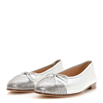 Chanel Metallic Crackled Lambskin CC Cap Toe Ballerina Flats 39 Silver 4 of 8