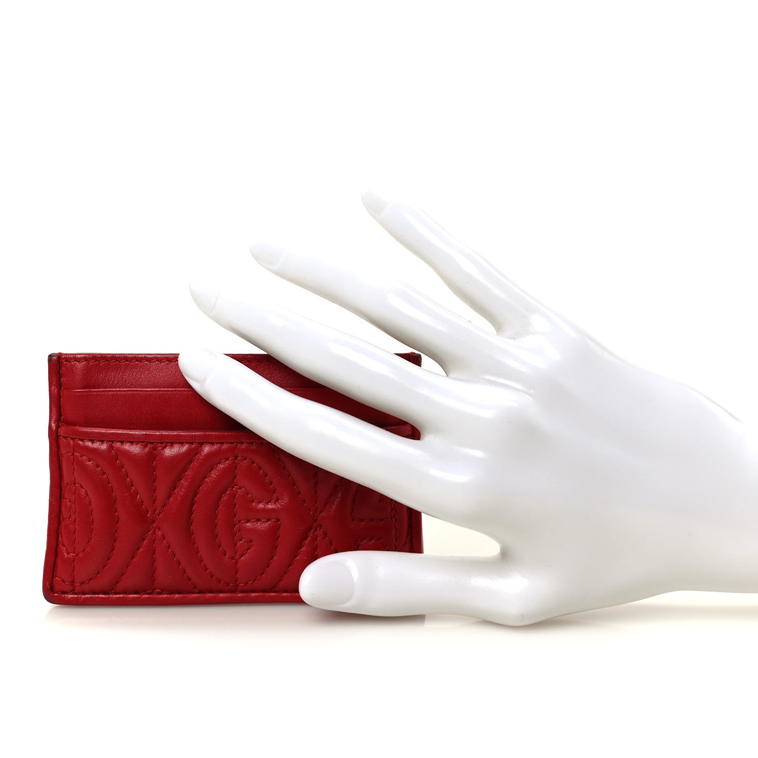 Gucci Calfskin G Rhombus Quilted Card Holder Hibiscus Red 2 of 8
