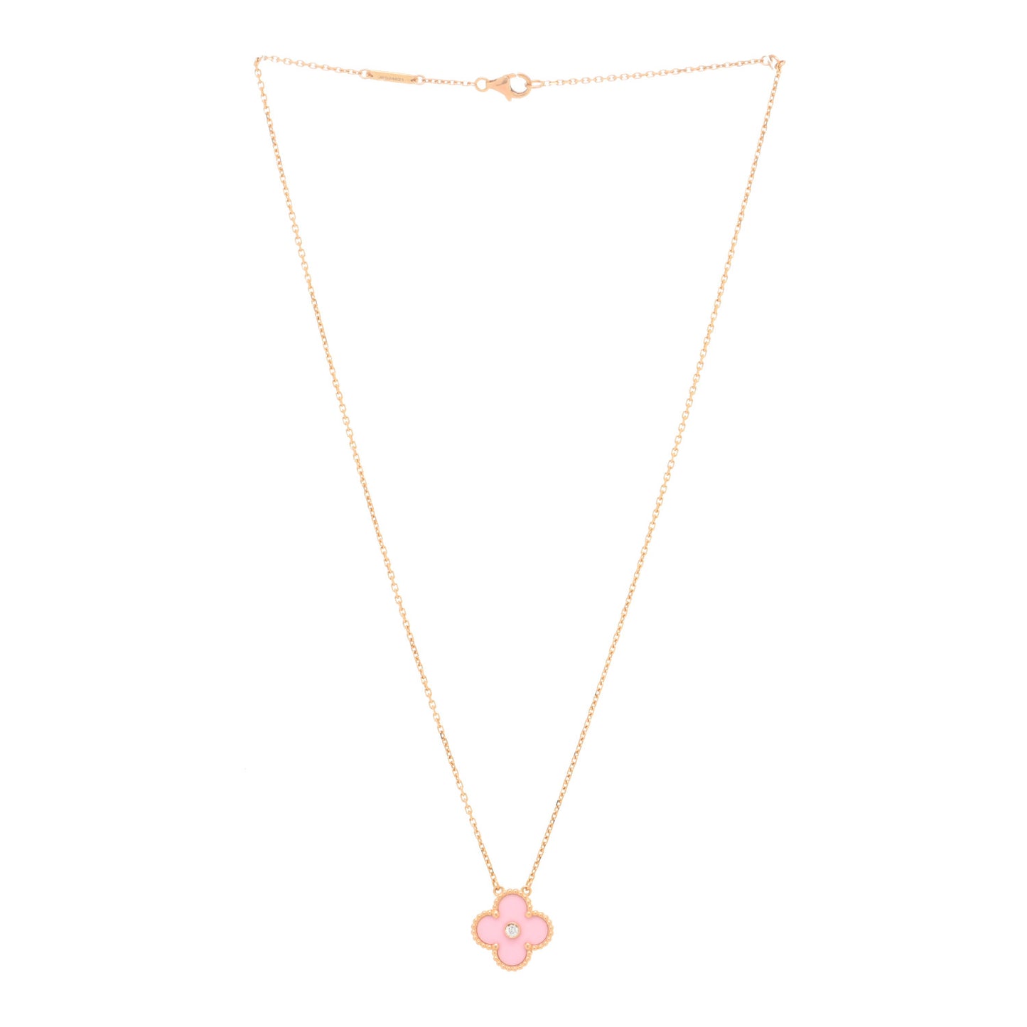 18K Rose Gold Diamond Pink Porcelain Vintage Alhambra Pendant Necklace