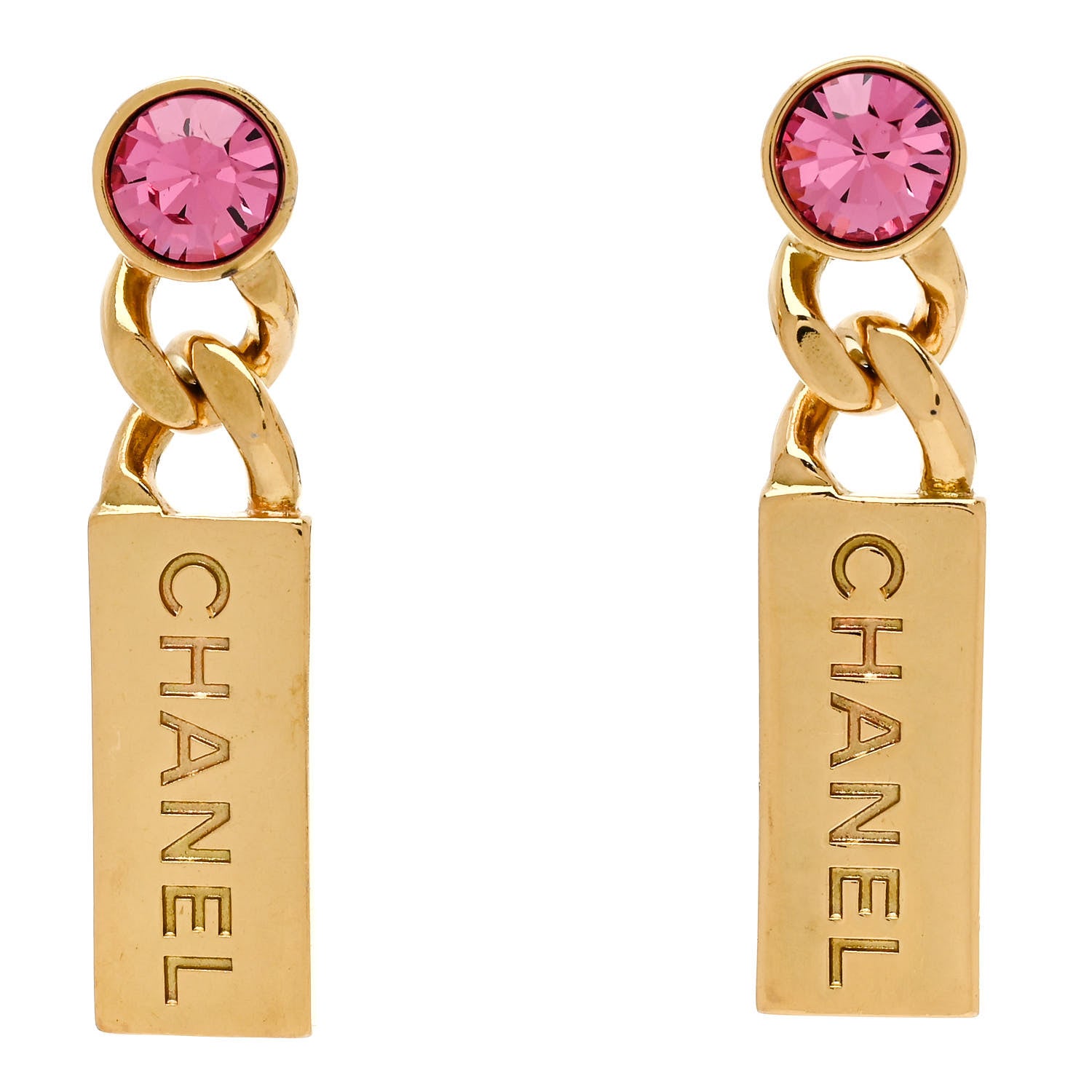 Chanel Crystal Tag Drop Earrings Gold Pink 1 of 4