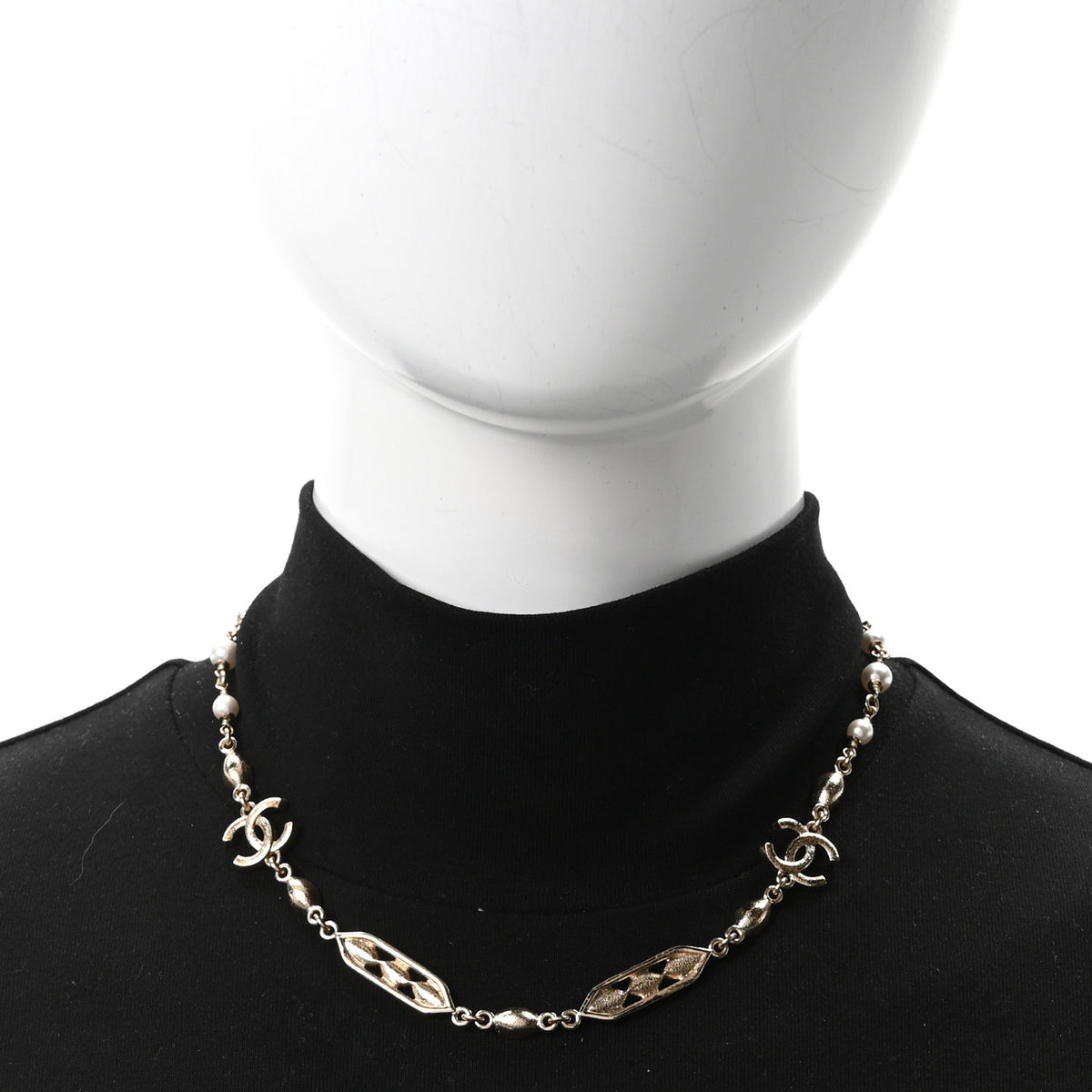 Chanel Crystal Pearl CC Long Necklace Gold Pearly White Multicolor 2 of 5