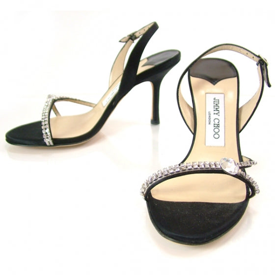 Jimmy Choo Satin Rhinestone Slingback Heels 37 Black 1 of 7