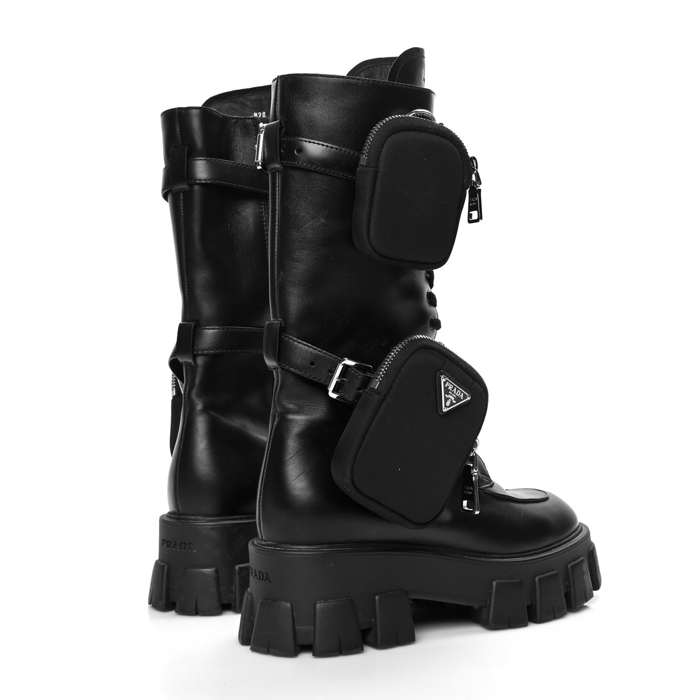 Vitello Lux Nylon Metal Triangle Logo Monolith Pouch Pocket 55mm Tall Combat Boots 38.5 Black