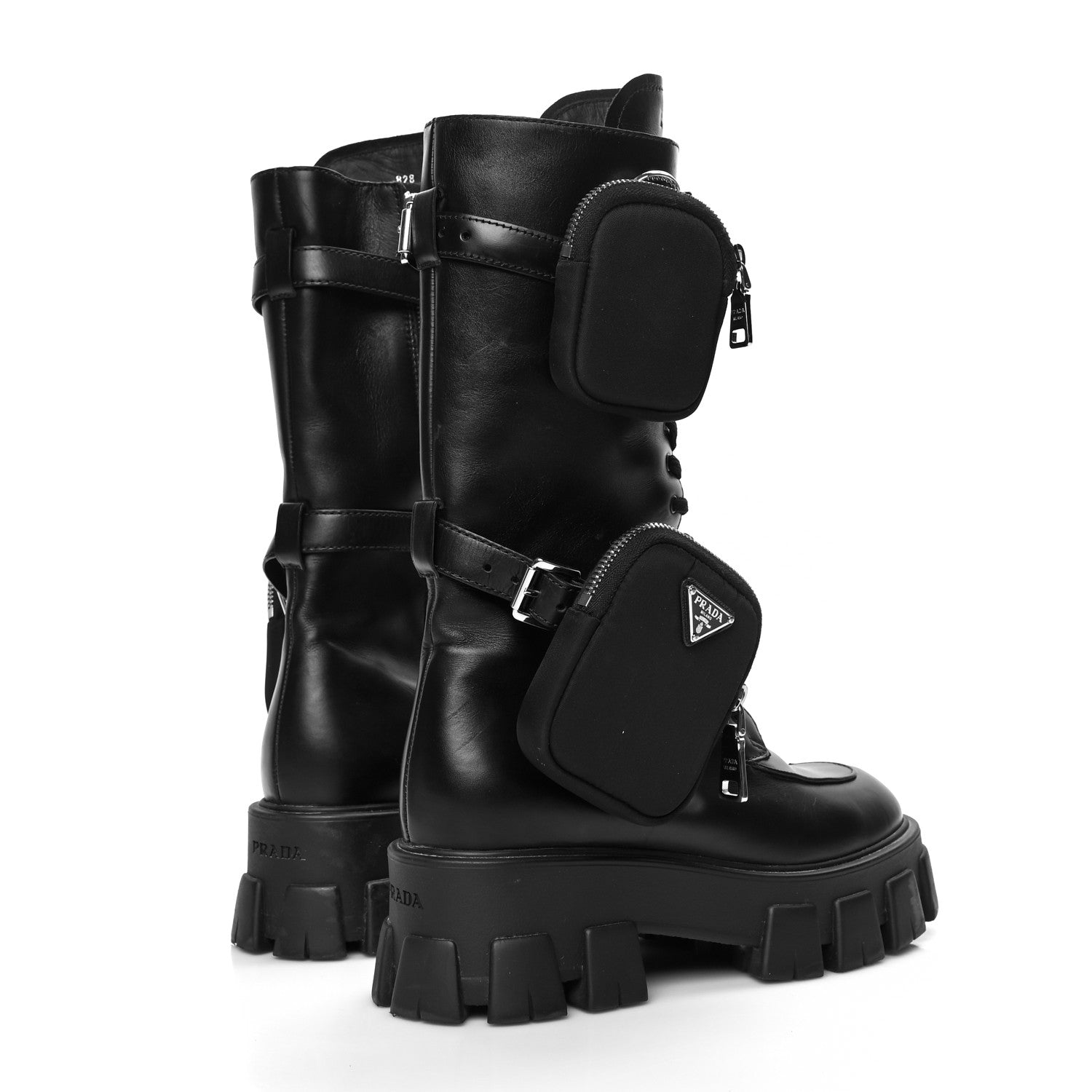 Prada Vitello Lux Nylon Metal Triangle Logo Monolith Pouch Pocket 55mm Tall Combat Boots 38.5 Black 4 of 8