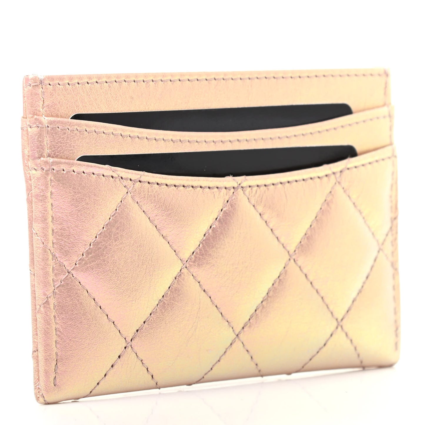 Iridescent Calfskin Quilted Card Holder Pink