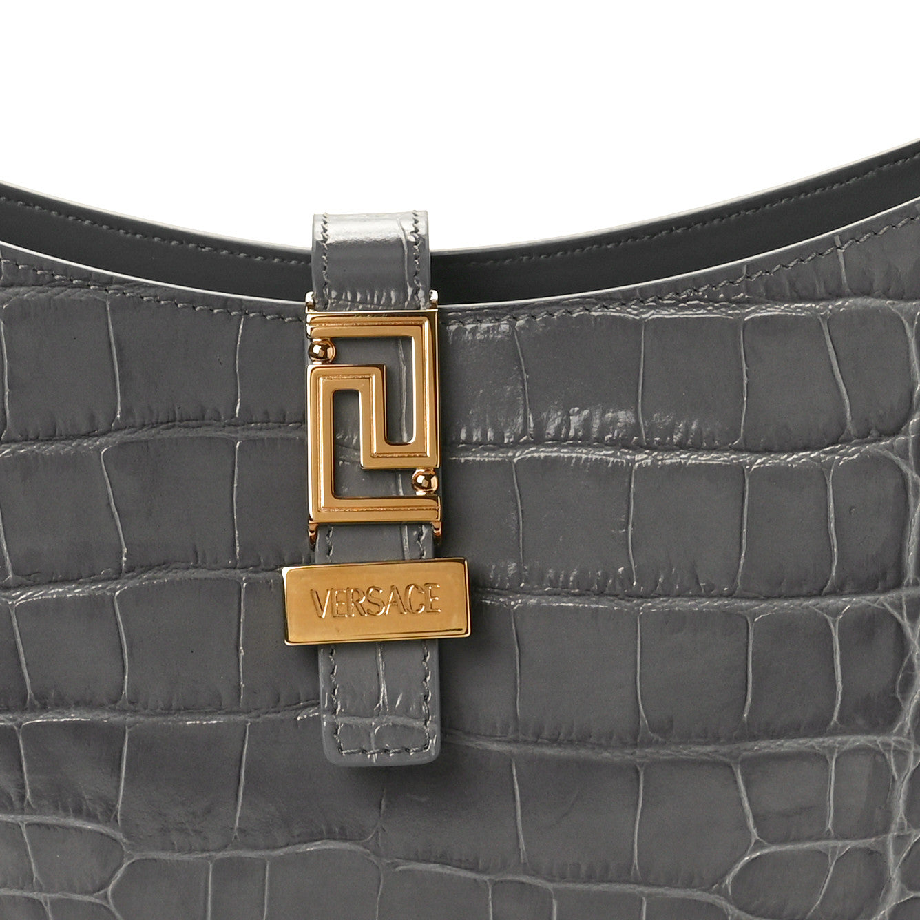 Versace Calfskin Crocodile Embossed Large Greca Goddess Bag Charcoal 7 of 9