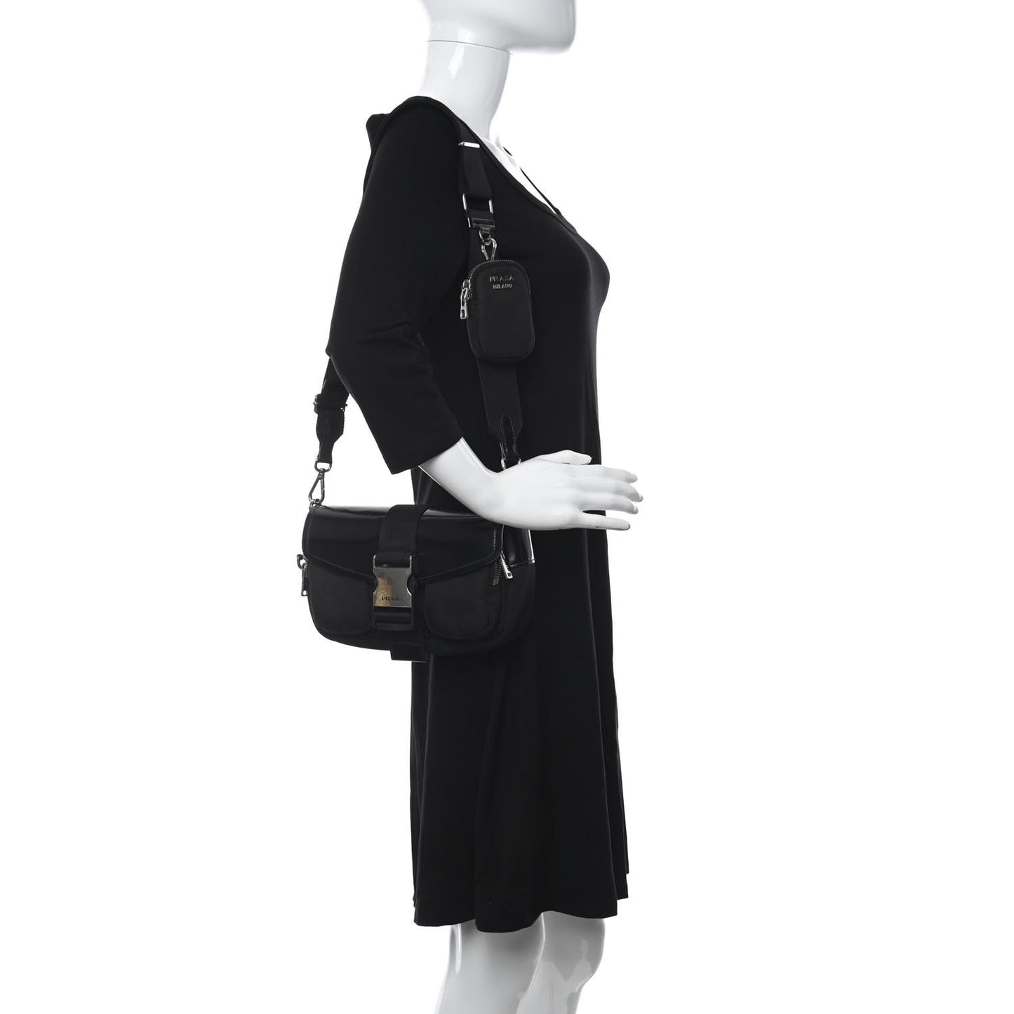 Re-Nylon Spazzolato Double Pocket Buckle Shoulder Bag Black
