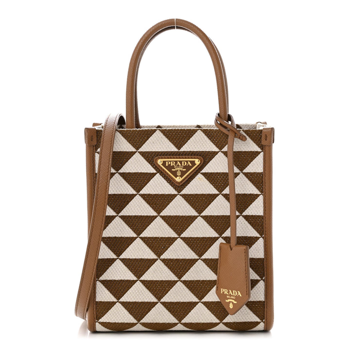 Jacquard Saffiano Triangolo Symbole Embroidered Micro Tote Tobacco Talco