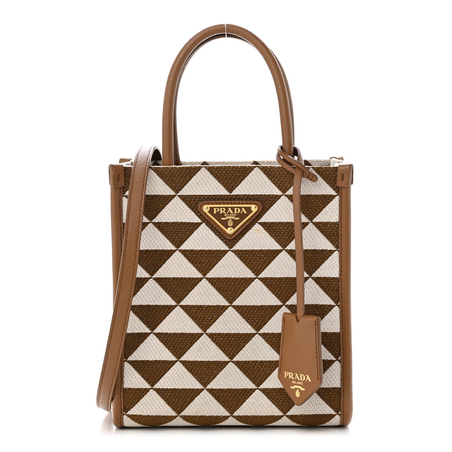 Prada Jacquard Saffiano Triangolo Symbole Embroidered Micro Tote Tobacco Talco 1 of 9